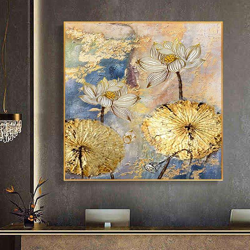 手绘油画东南亚泰式餐厅壁画抽象立体金箔荷花玄关装饰画卧室挂画