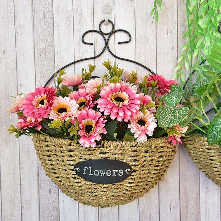 壁挂式铁艺藤编草编花篮田园风室内墙面装饰花插花篮手工花盆