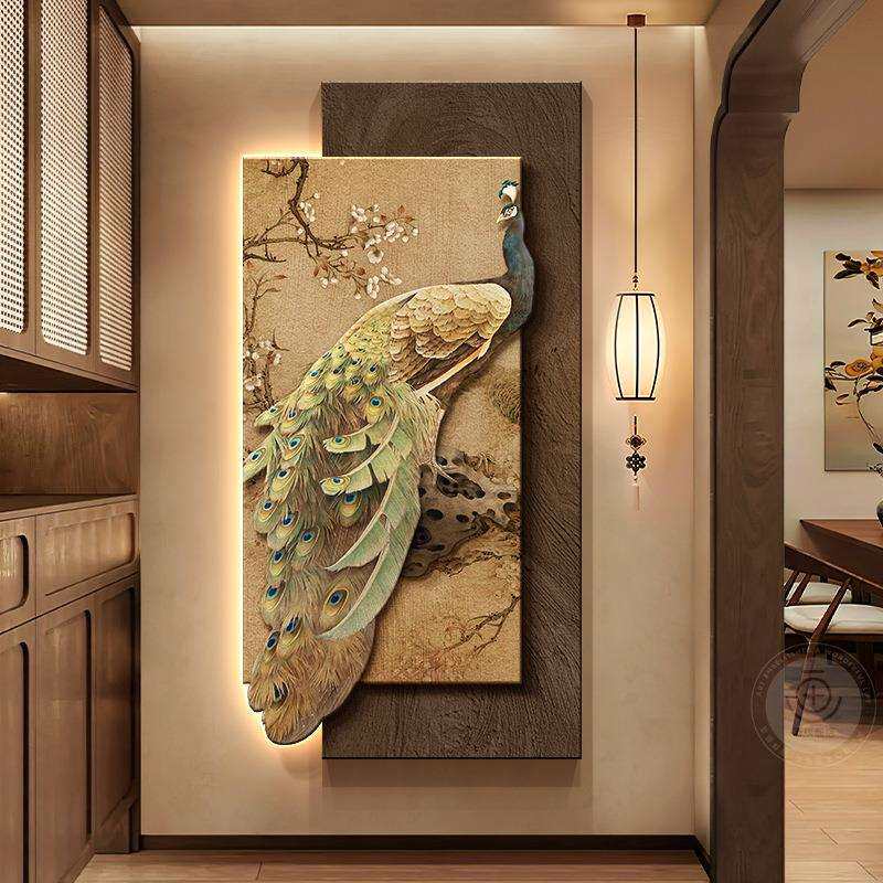入户门玄关装饰画宋代美学高级感浮雕立体孔雀挂画走廊过道墙壁画