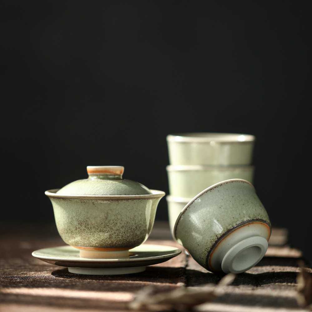茶香志野绿三才盖碗冰裂釉窑变全开片可养景德镇手工茶具140ml盖