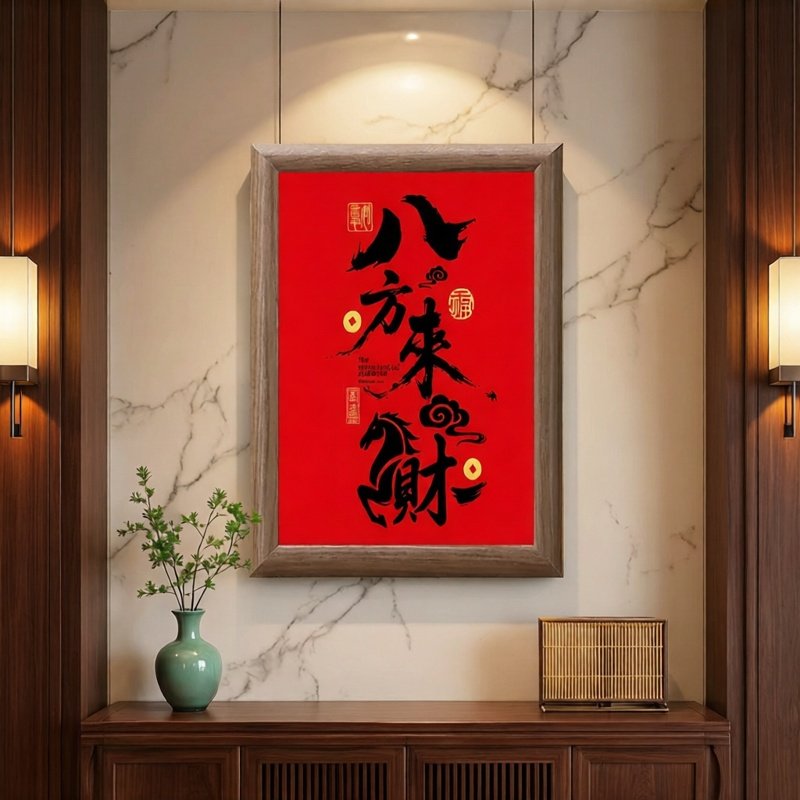 新年木质相框摆件八方来财红色喜庆书法字画框玄关装饰招财挂画