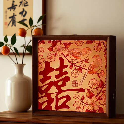 结婚囍字木质小夜灯相框摆件