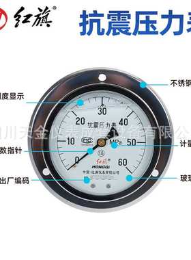 红旗轴向带前边抗震压力表YTN-100ZT不锈钢压力真空表2.5级1.6MPA
