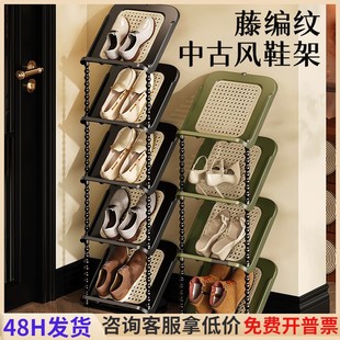 藤编倾斜鞋架多层家用省空间玄关收纳置物架中古风多功能简易鞋架