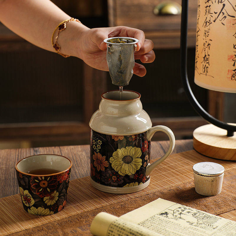 复古养生小暖壶家用带盖马克杯大容量陶瓷暖手瓶父亲节泡茶壶茶杯