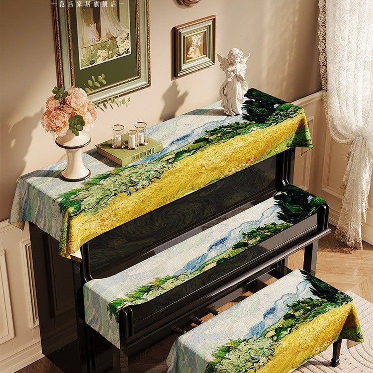 美式油画钢琴防尘罩套电子琴全罩盖布琴凳琴键三件套蓝色田野盖巾