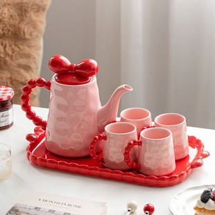 乔迁新婚礼物水杯水具红色备婚杯子套装 家用待客陶瓷泡茶壶茶杯子