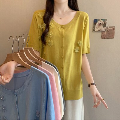 胖mm大码开衫女2025夏季新款时尚洋气立体钉珠花朵短袖针织衫上衣