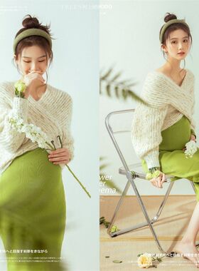 2024影楼小清新款春果绿针织毛衣大肚妈咪孕妇艺术照写真主题服装