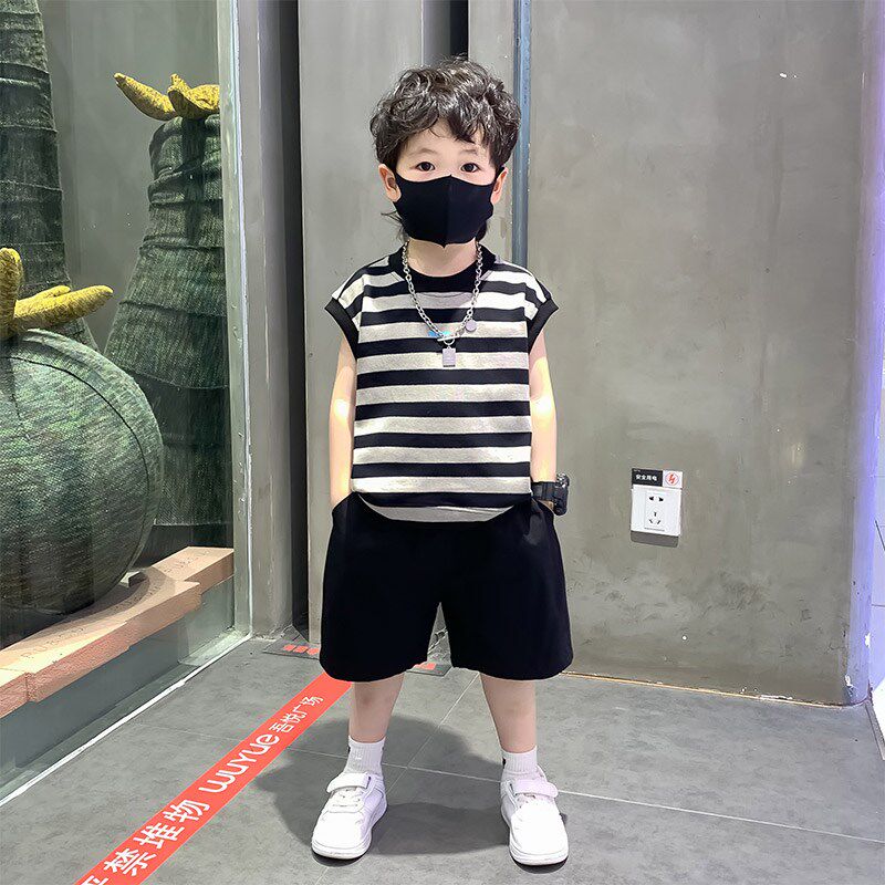 男童条纹无袖套装夏季2024新款小童帅气时髦潮流儿童砍袖背心夏装