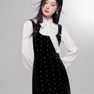 2024春装新款法式复古赫本风两件套高级感收腰显瘦丝绒套装连衣裙