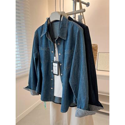 蓝色港风正肩牛仔衬衫女