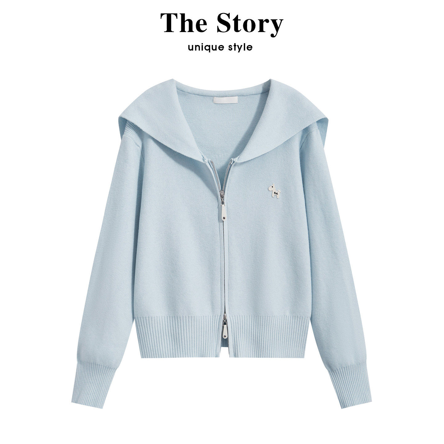 那些事衣橱浅蓝色双拉链针织开衫女春新款宽松软糯显瘦海军领外套