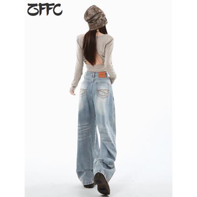 水洗浅色阔腿牛仔裤女202