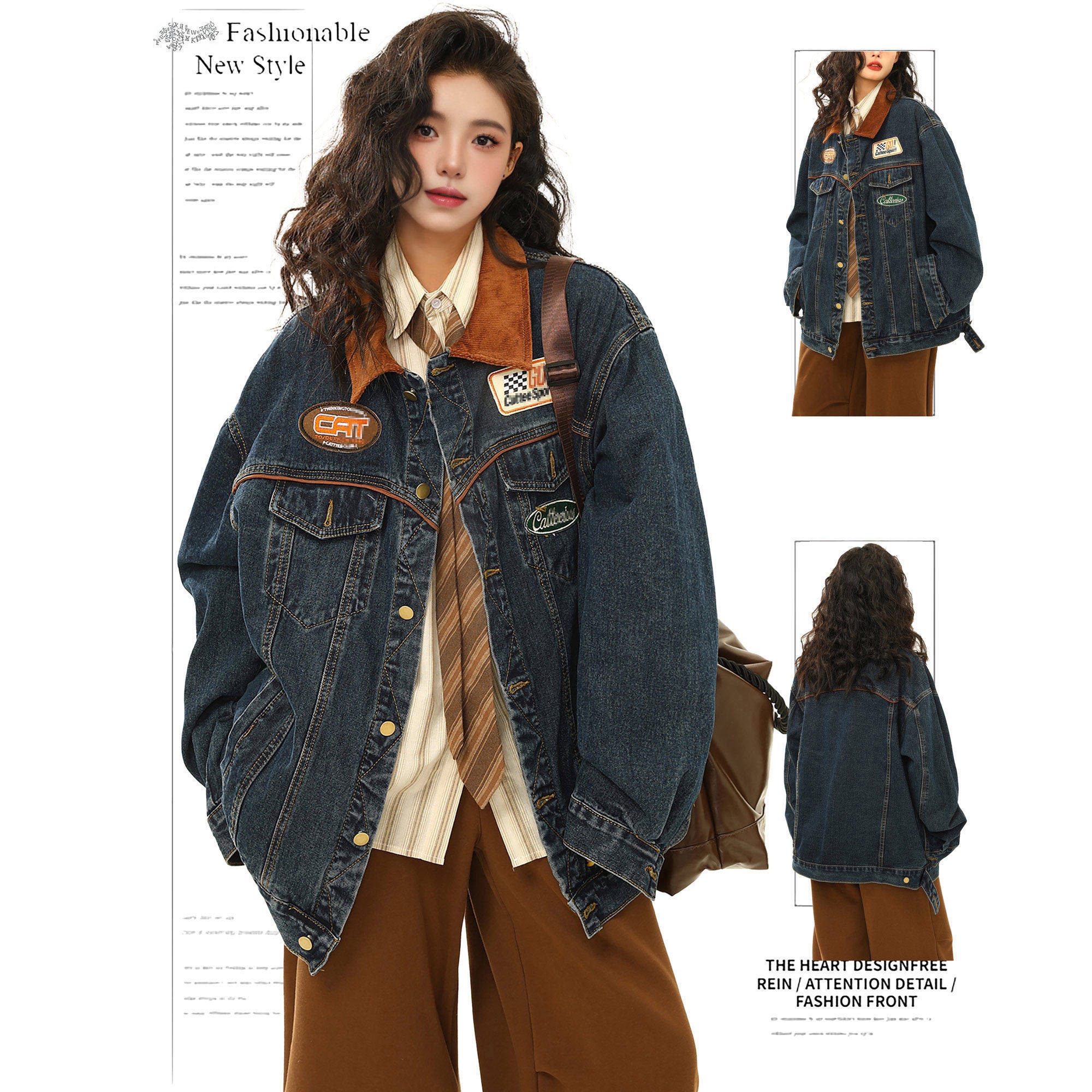 DUSK美式复古高街牛仔外套女春秋季撞色翻领宽松刺绣韩版夹克上衣