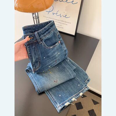 泼墨烫钻破洞牛仔裤女春