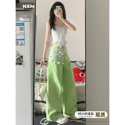 多巴胺绿色阔腿牛仔裤女2