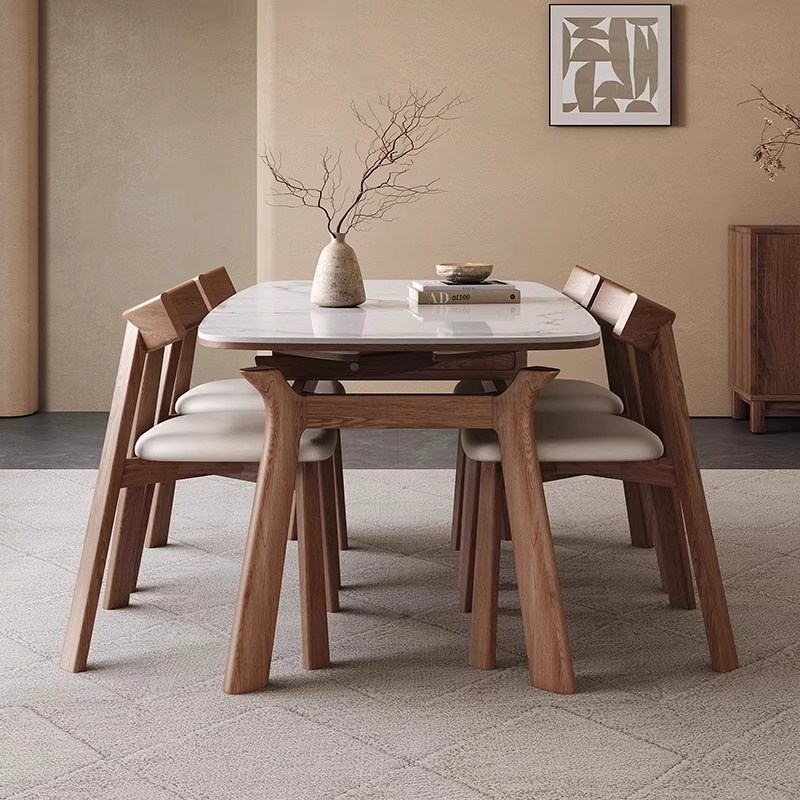 伸缩岩板餐桌椅现代简约家用小户型可方变圆实P木饭桌方圆两用餐