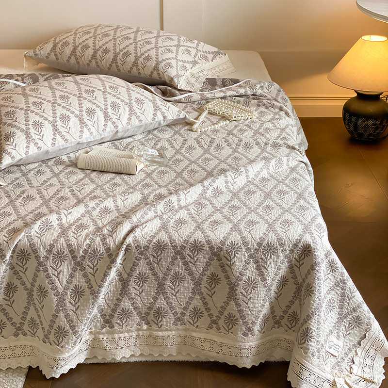 法式老钱风全棉纱布床盖三件套纯棉纱布床盖民宿毯子床单床罩床裙