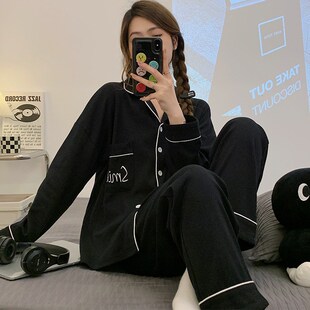 睡衣女春秋爽棉长袖薄款2023新款开衫简约卡通大码少女家居服套装