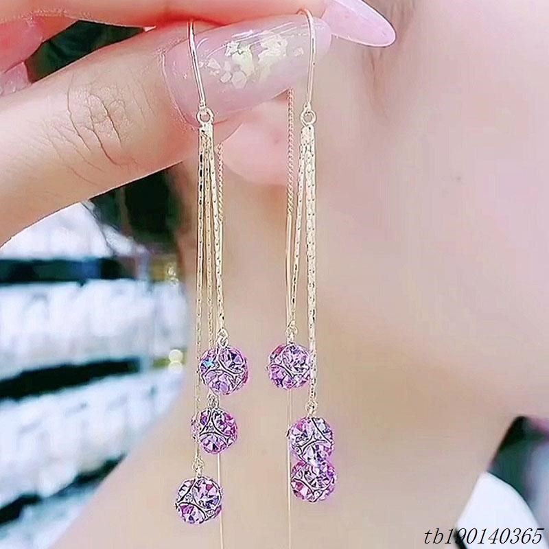 耳线紫色水晶球球耳环长款流苏耳坠2023高端年网红百搭耳饰女高级,饰品/流行首饰/时尚饰品新,耳环,淘宝优惠券,粉丝福利购,淘宝优惠卷