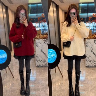 韩系搭配一整套冬装慵懒风时尚减龄中长款圆领毛衣毛呢半身裙套装