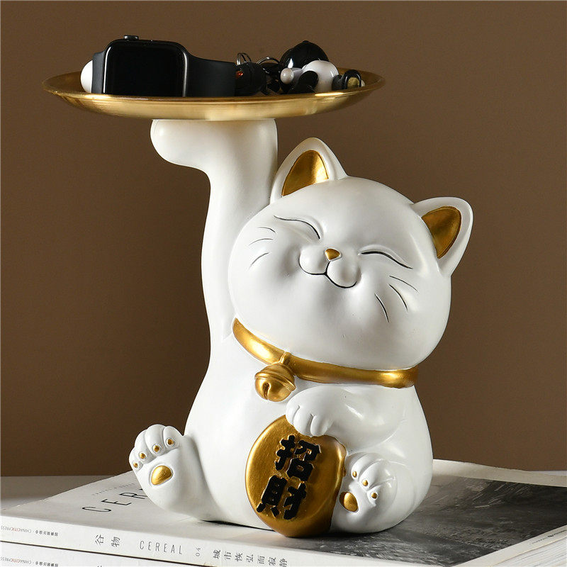 卡通招财猫摆件轻奢家居创意存钱罐树脂工艺品钥匙托盘前台糖收纳