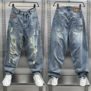 2024夏季 宽松直筒透气九分阔腿哈伦裤 新款 男士 水洗破洞牛仔裤 男裤