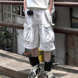 直筒七分裤 美式 男多口袋设计宽松五分裤 牛仔短裤 街头白色做脏工装