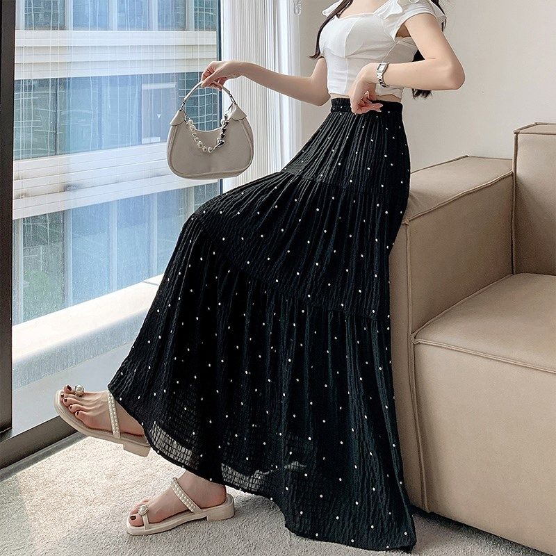 白色波点半身裙女2024新款夏季高腰雪纺长裙子气质遮跨蛋糕a字裙