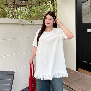 胖mm宽松a字遮胯显瘦短袖 2025夏新款 上衣 t恤女装 冰瓷棉蕾丝边大码