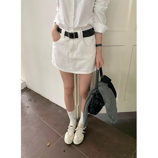 豆仁家 美式复古白色牛仔半身裙新款高腰包臀短裙显瘦百搭a字裙子