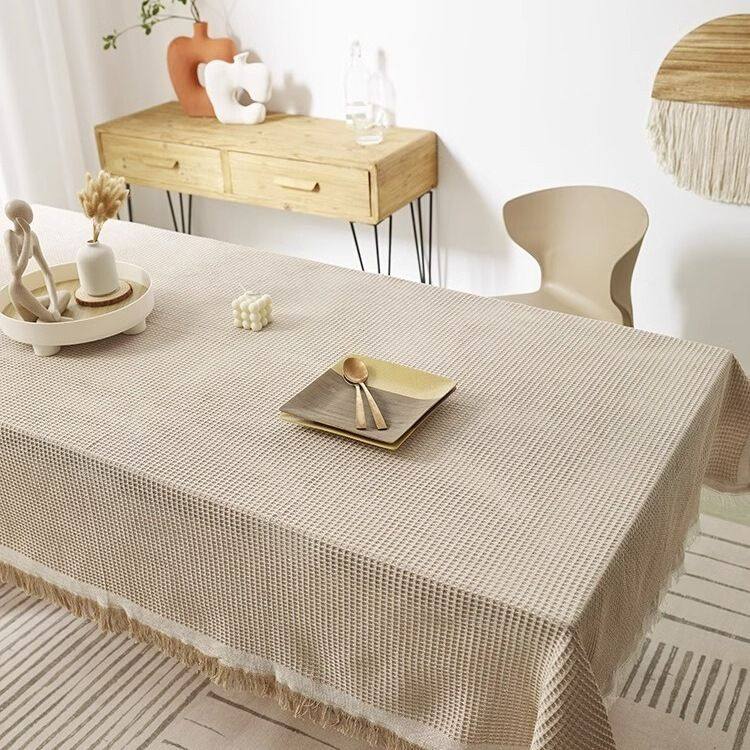 网红风棉麻桌布布艺轻奢感纯色餐桌布茶几布电视柜盖布绢花通用