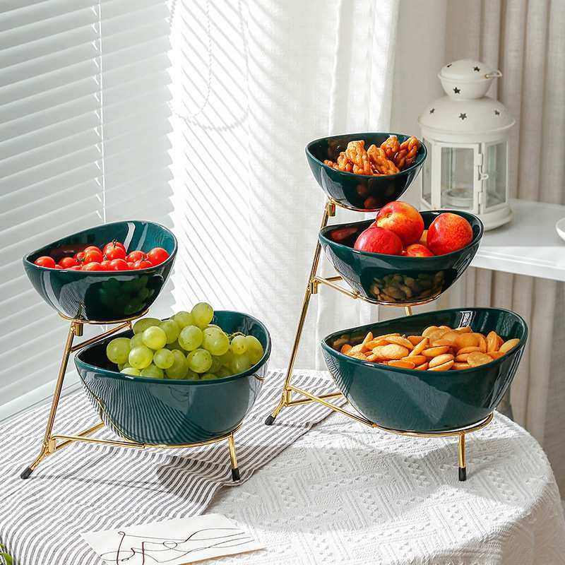 跨境陶瓷三层多层水果盘欧式干果点心盘可拆装铁架糖果碗露营轻奢