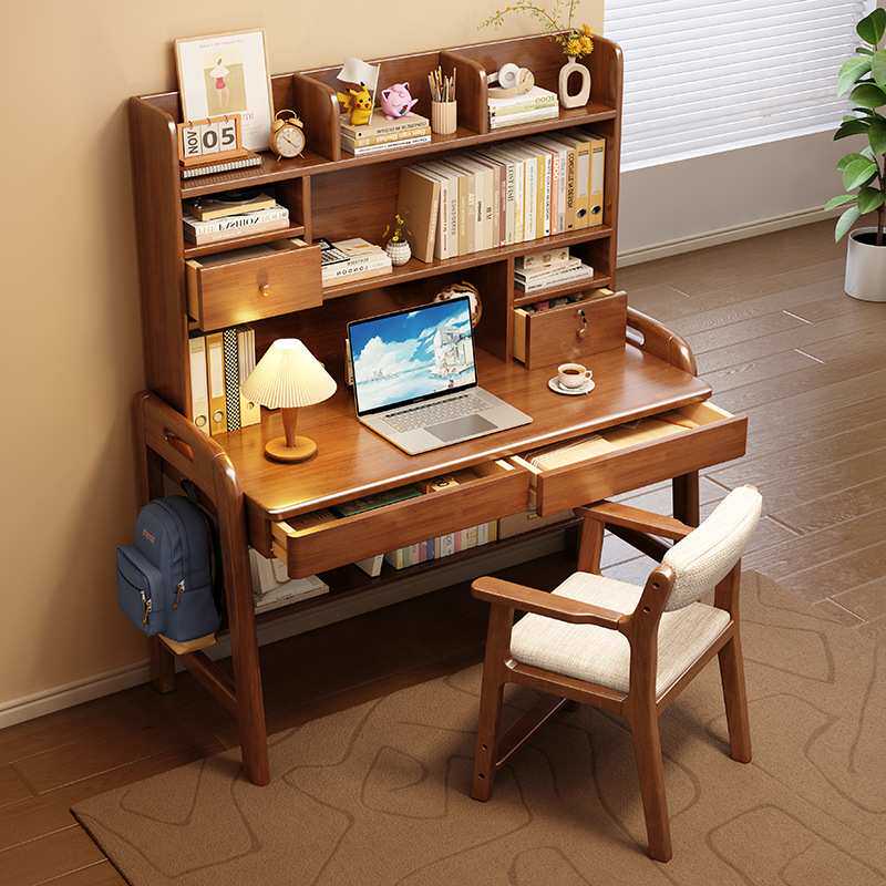 实木书桌书架一体简约家用卧室可升降学生学习桌写字台办公电脑桌