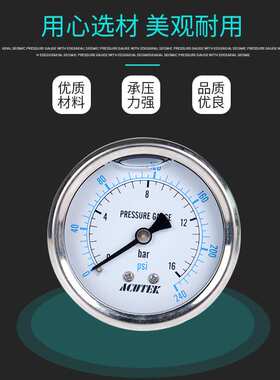 轴向耐震压力表 ACUTEK 原装出口 YN60Z 16bar G1/4B防震压力表