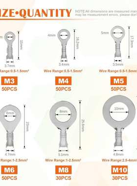 Rustark 6 Sizes 240 Pcs Non-Insulated Ring Crimp Terminals C