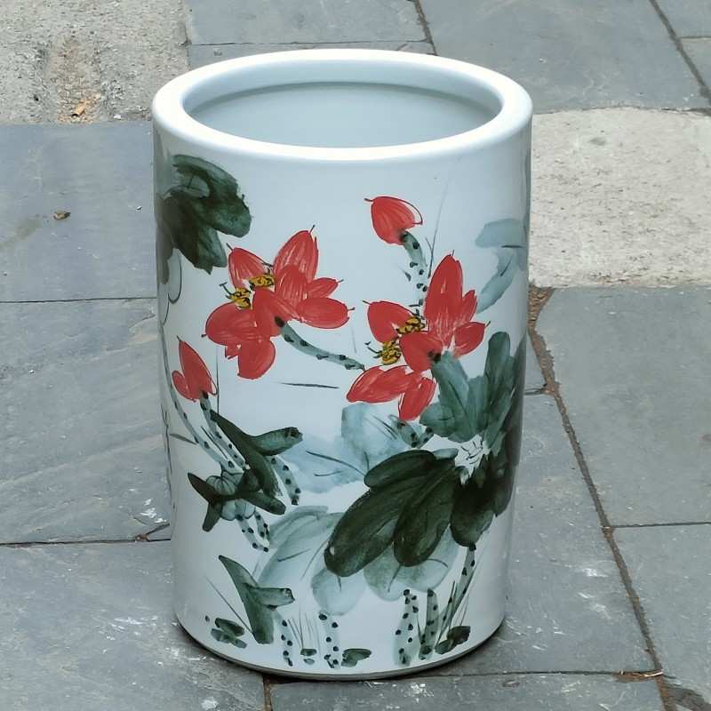 陶瓷书画筒雨伞缸手绘荷花卷轴字画缸家居书房装饰陶瓷摆件收藏品