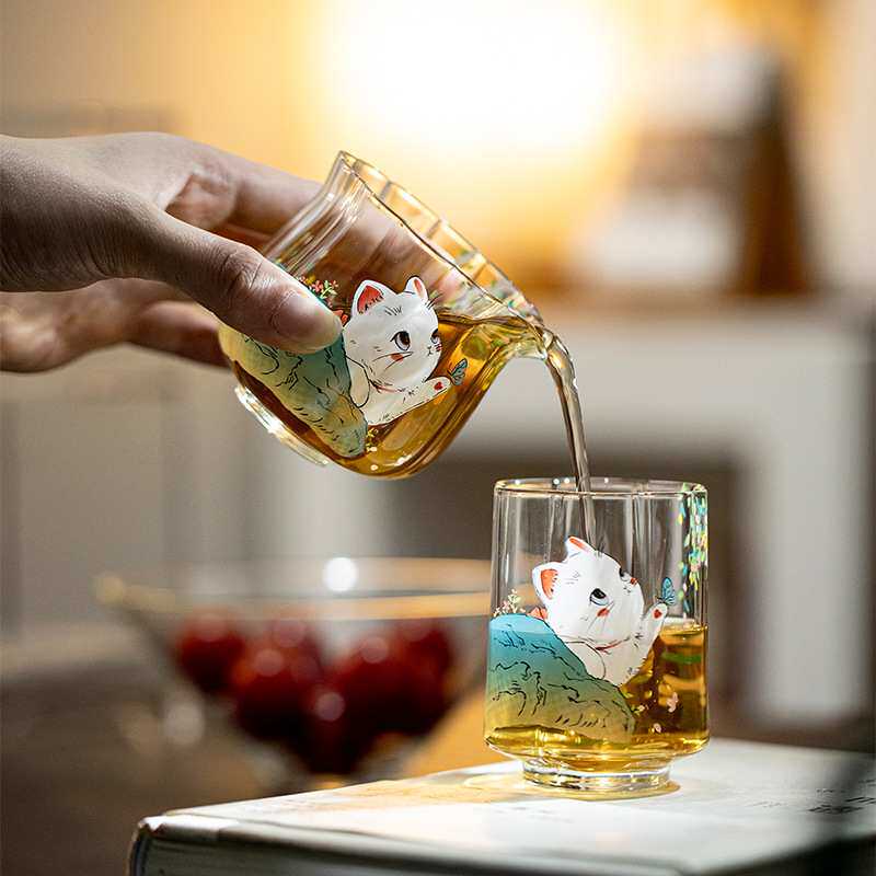 墨己瑞璃日式花语公道杯家用玻璃小公杯茶道配件可爱猫咪分茶器