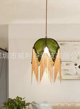 国风旧上海复古民宿vintage卧室氛围床头小吊灯绿色竹叶布艺吊灯