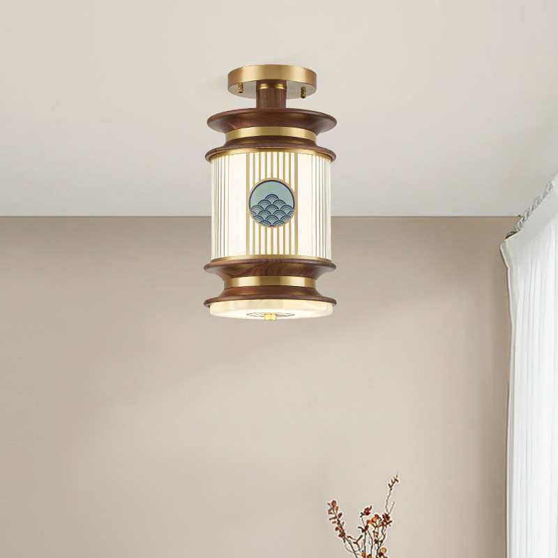 【海纳百川】新中式全铜过道灯黑胡桃实木阳台灯吸吊两用玄关灯具