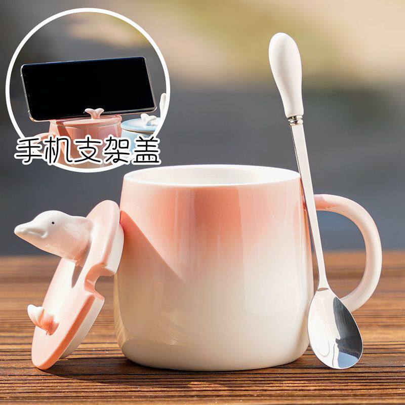 ?海豚ins风杯子女陶瓷马克杯带盖带勺子可加热恒温暖暖杯釉下彩
