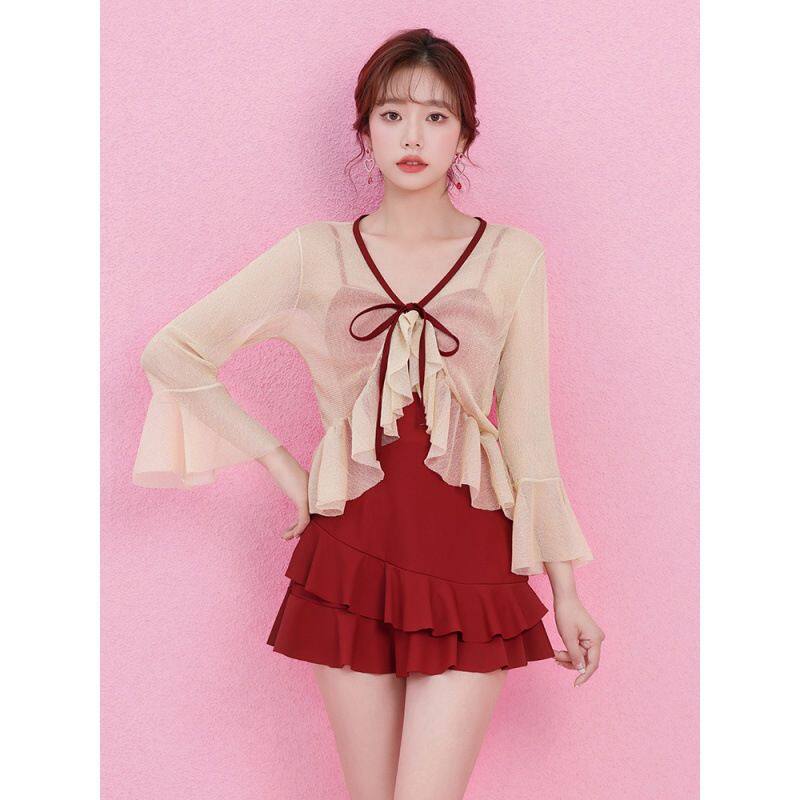 泳衣女夏季保守2022新款遮肚显瘦连体游泳衣微胖裙式长袖泳装简约