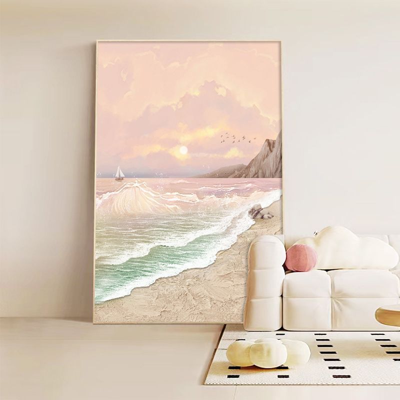 奶油风海景客厅装饰画肌理画高级感大幅落地玄关挂画卧室墙壁
