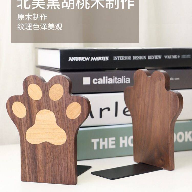 INS风实木猫爪书立 黑胡桃木书档创意书挡可爱书架书撑学生书夹书