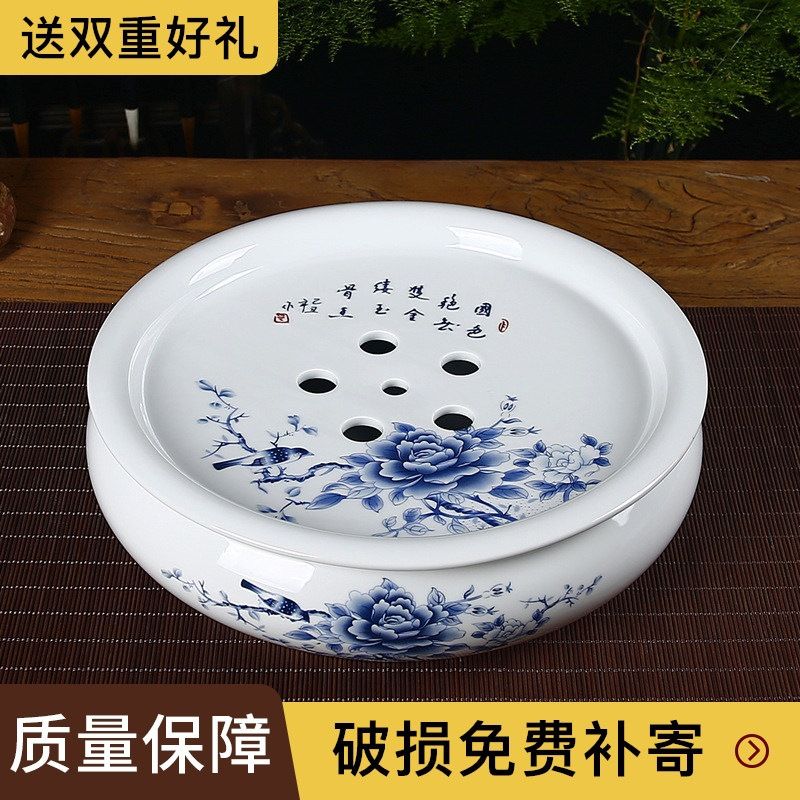 潮汕手工白瓷圆形茶盘家用中式功夫茶具赠六君子储水茶托