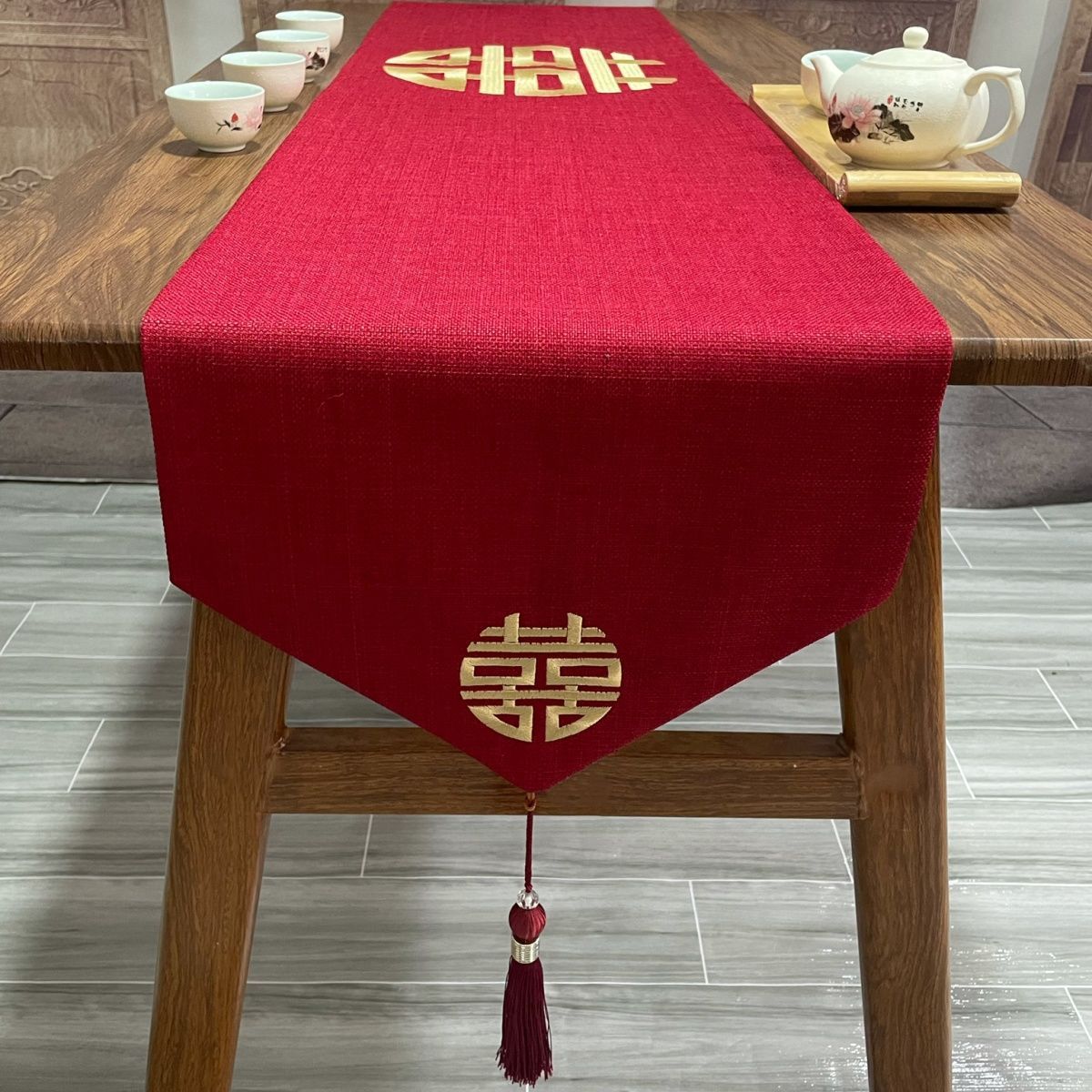 红色中式喜字结婚桌旗茶几桌布装饰餐桌婚礼电视柜喜庆长条盖巾