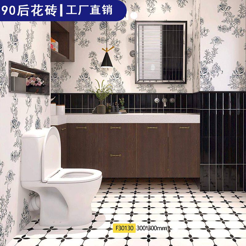 ?法式复古风400x1200卫生间瓷砖护墙板美式花砖厨房浴室中古风墙