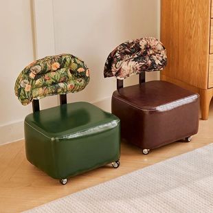 矮凳换鞋客厅中古溜溜旋转实木沙发家用提花椅子滑轮凳子矮凳靠背