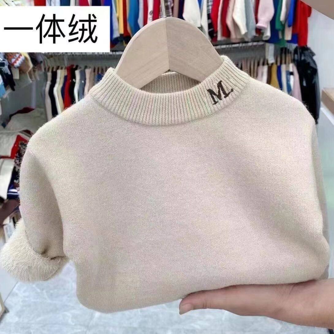 儿童毛衣加绒男童女童一体绒毛衣加厚半高领新款洋气百搭针织